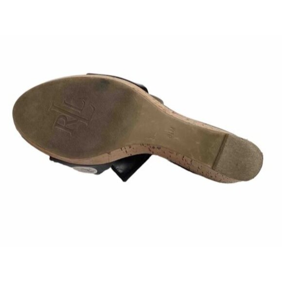 Ralph Lauren Women’s 8 1/2 Black Patent Leather Strap Cork Wedge Open Toe Heels - Picture 5 of 5